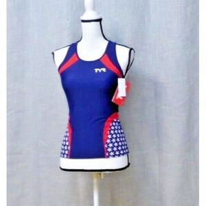 TYR Competitor Sport Female Tank Top, S, Navy/Red/Stars
